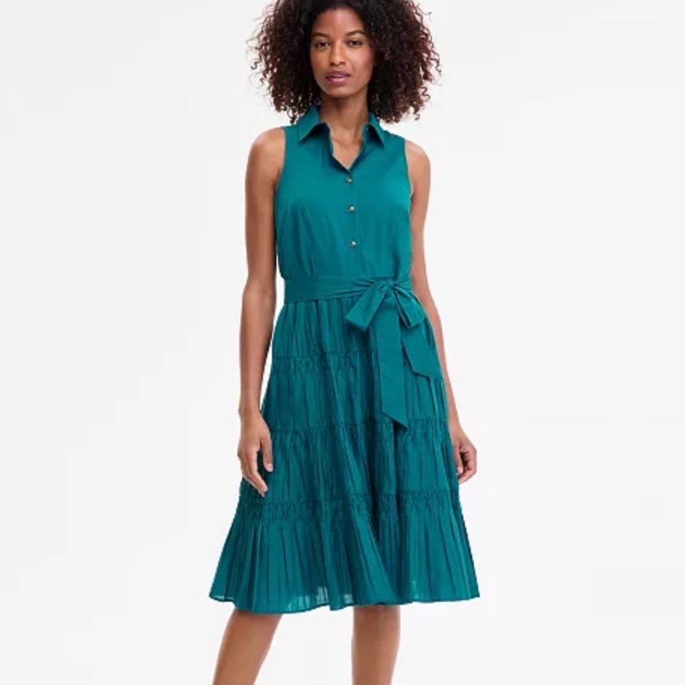 Anne Klein Shirtdress Women 10P New Teal Pintuck Tiered Sleeveless Midi $159